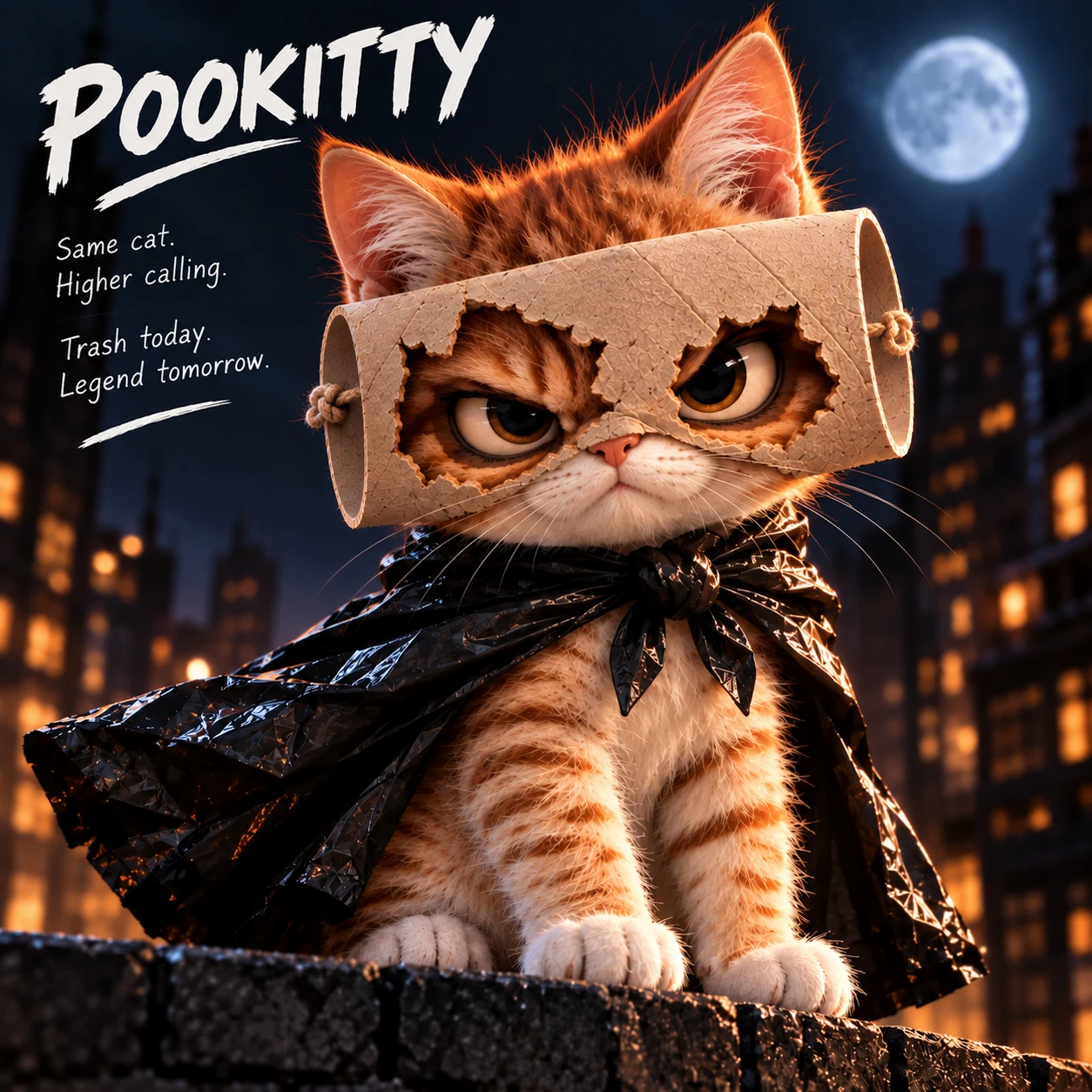 Pookitty on a moonlit rooftop, wearing a cardboard mask and a black trash-bag cape.