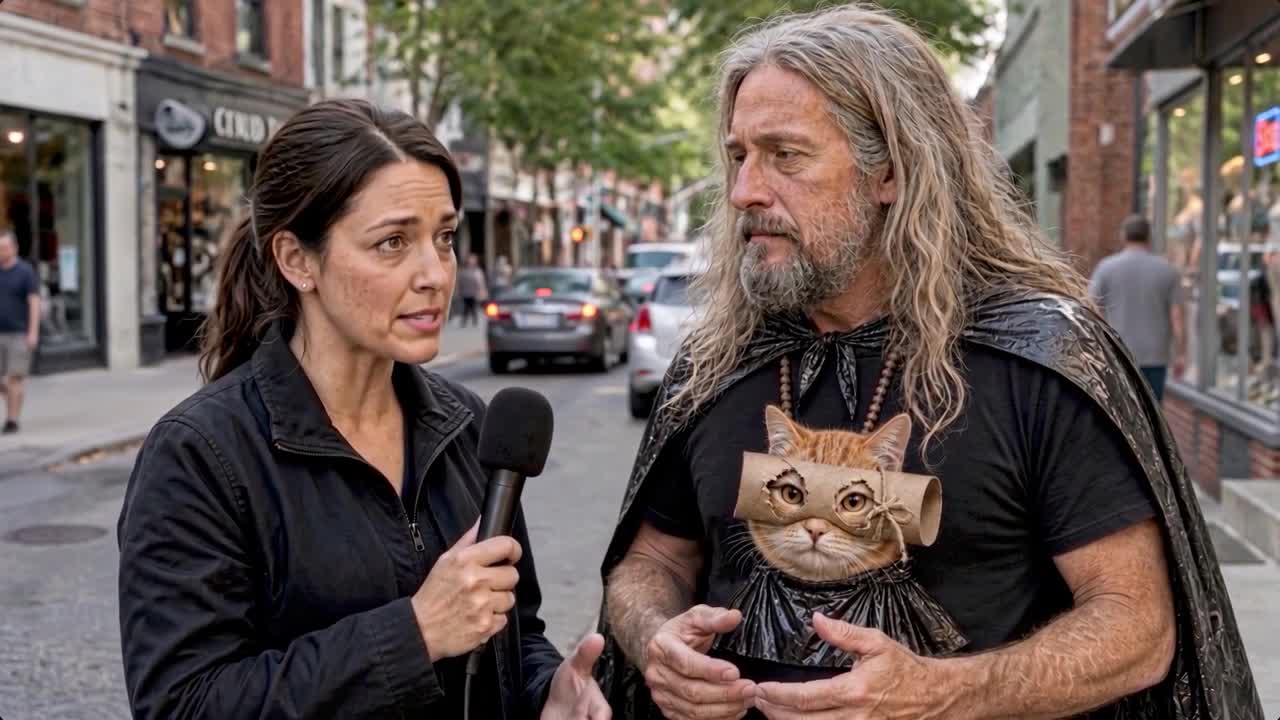 A reporter interviews a Pookitty follower wearing his shirt and a black cape.