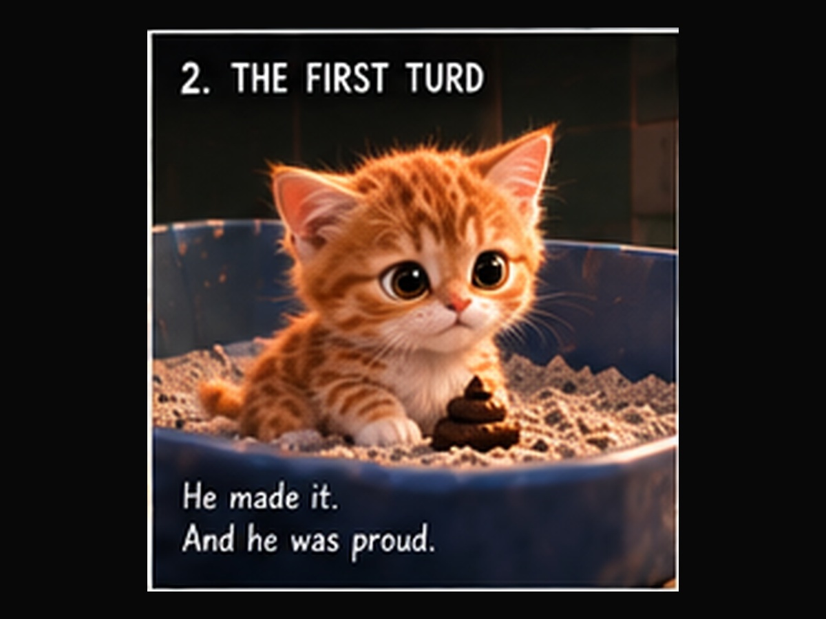 A kitten looks proudly at what he made in litter class.