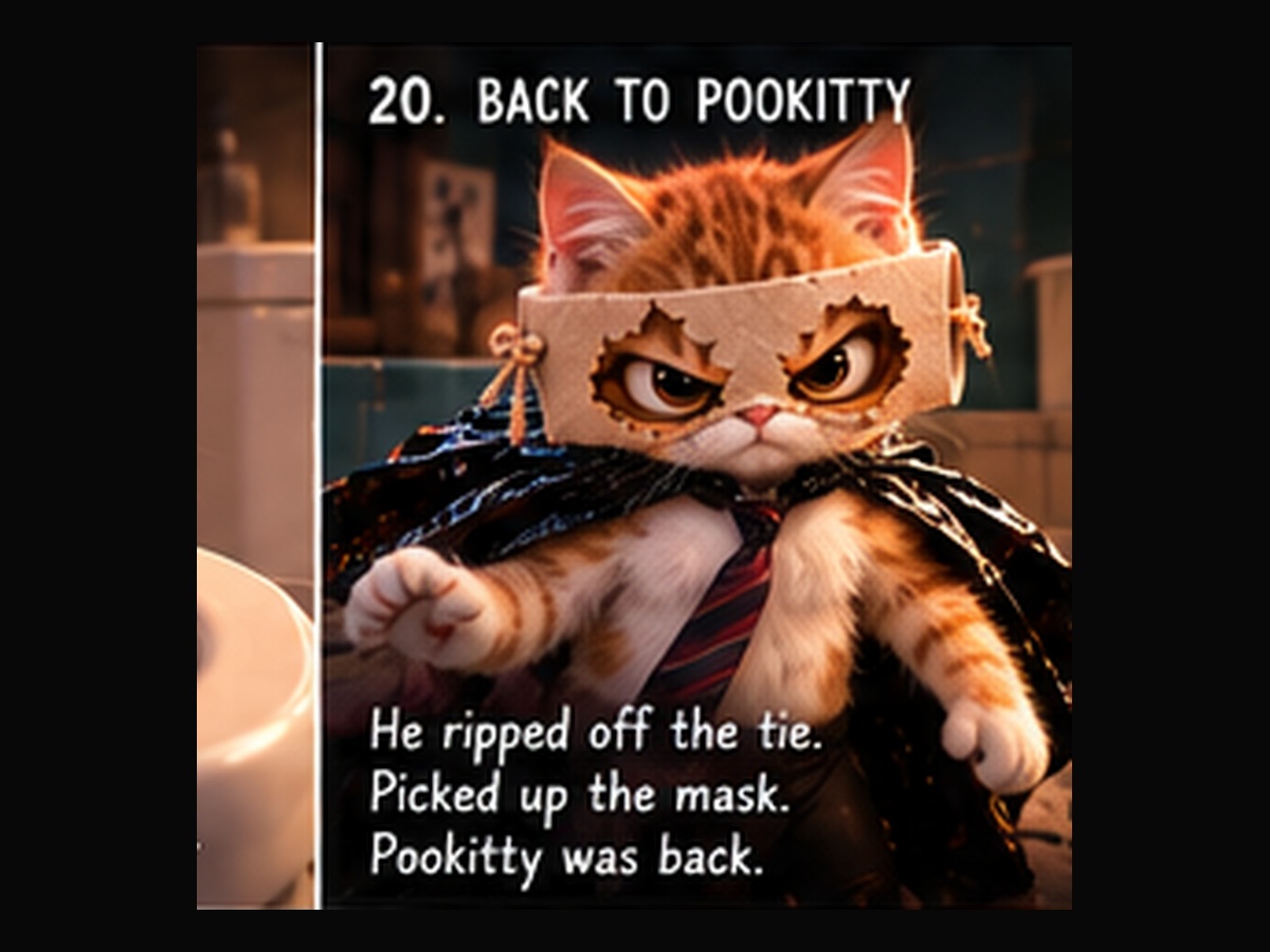 Grown-up Pookitty puts his mask and cape back on.